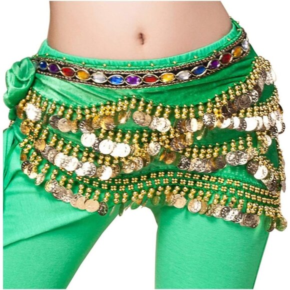 Women's Triangular Belly Dance Hip Scarf Wrap Green Gold Skirts with Gold Coins - Picture 2 of 5